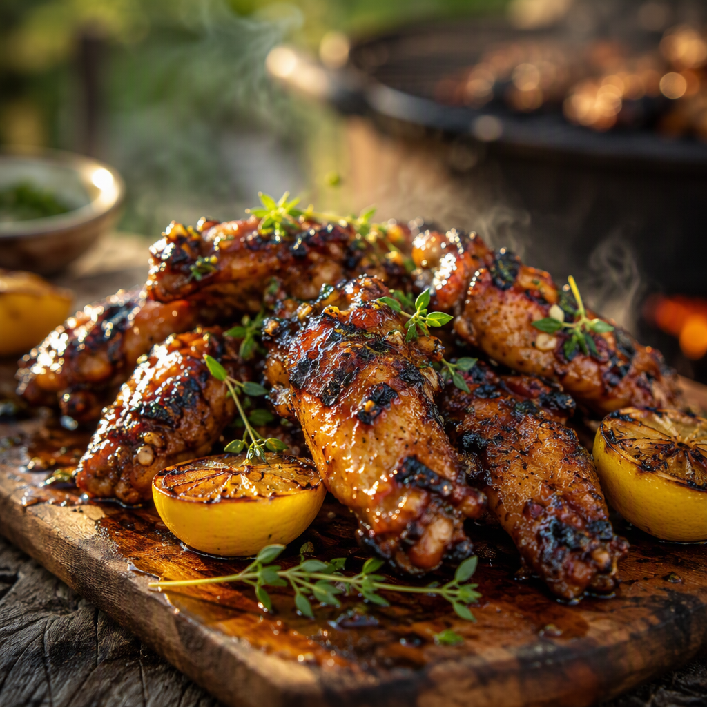 Honey garlic grilled wings with char marks and lemon