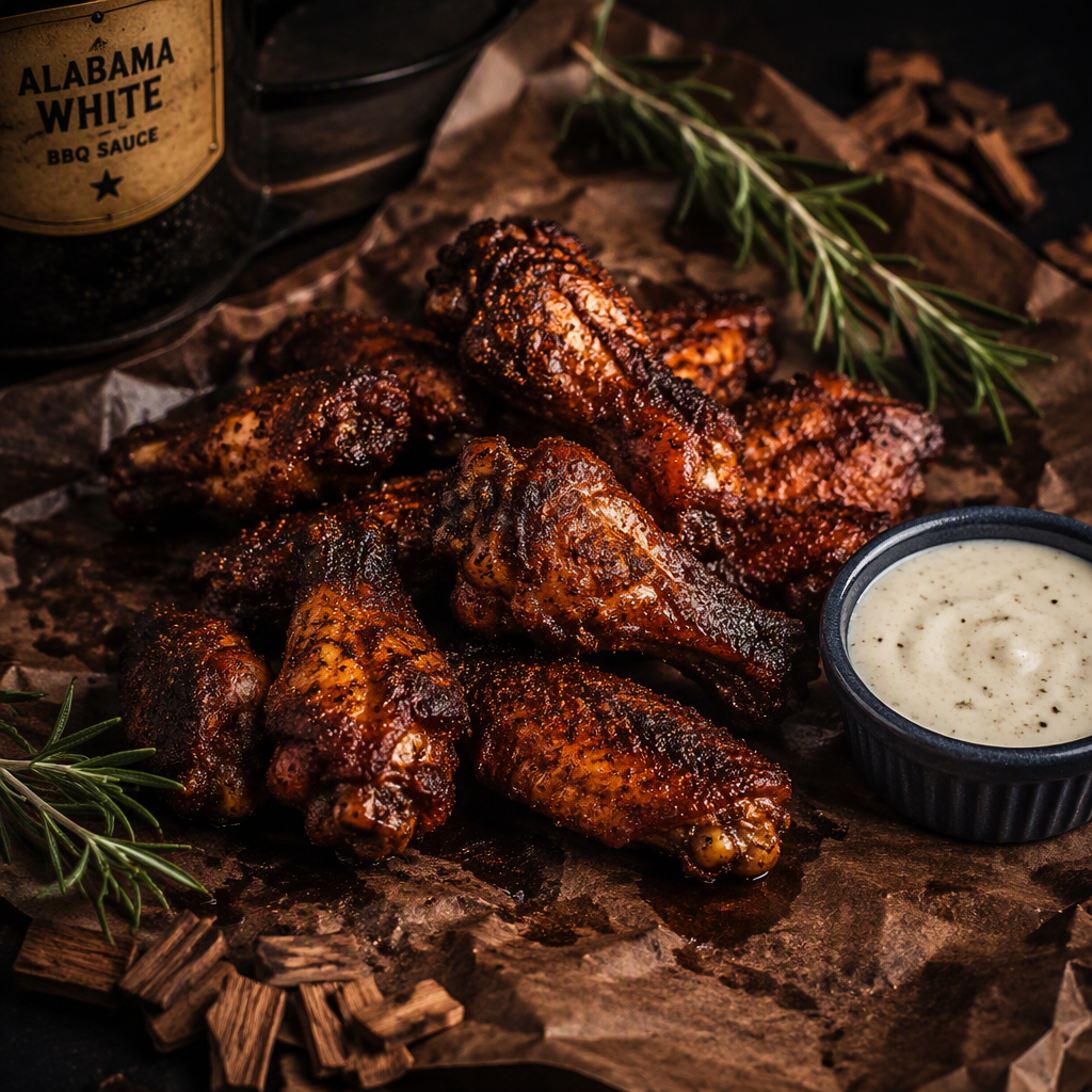 Smoked wings with amber dry rub and white barbecue sauce